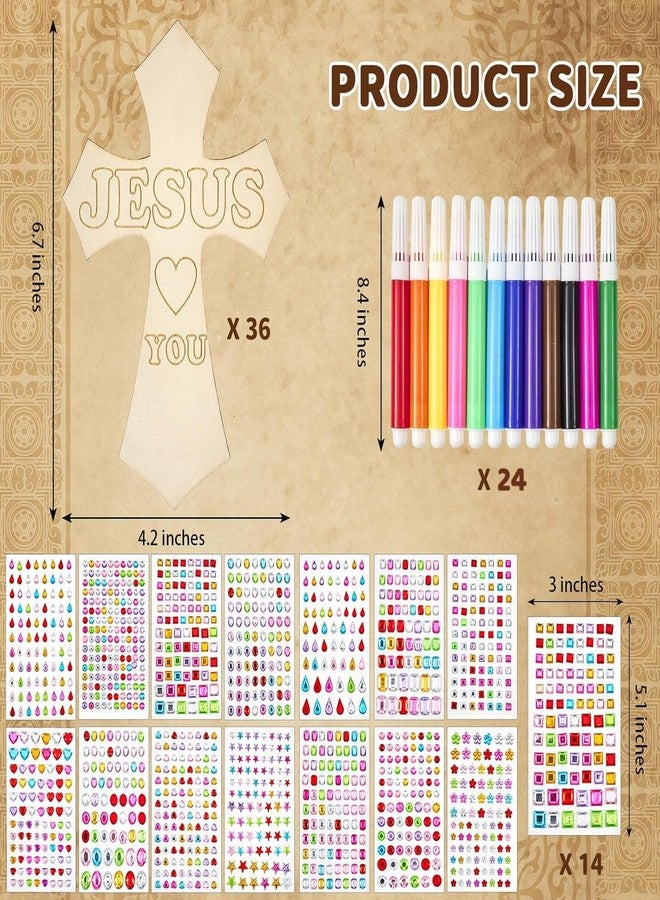 PLUVAVA 36 Pieces Wood Cross Crafts for Kids DIY Wooden Cross for Christian Jesus Sunday School Vacation Bible School Crafts Supplies with 14 Pieces Stickers and 24 Pieces Watercolor Pens (Exquisite Style) - Image 2
